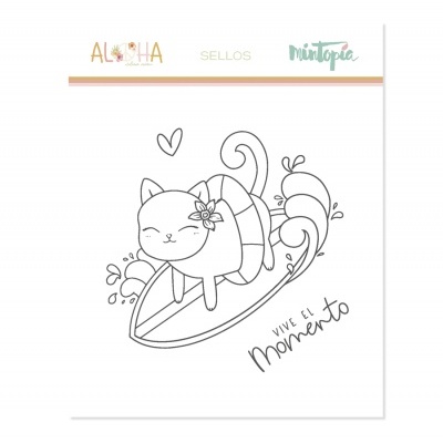 Carimbo com gato a surfar e texto Vive el momento