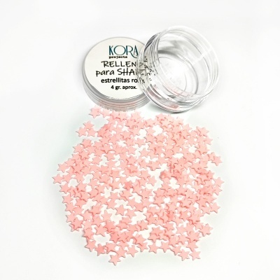 Frasco transparente com estrelas cor-de-rosa para unhas sobre fundo branco