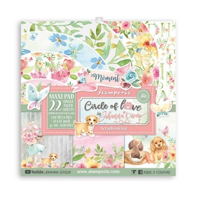 Pacote de folhas para scrapbooking com design floral e animais, embalagem quadrada com texto detalhado.