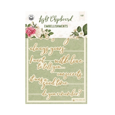 Embellishments em chipboard leve com frases em inglês e decoração floral sobre fundo verde com embalagem