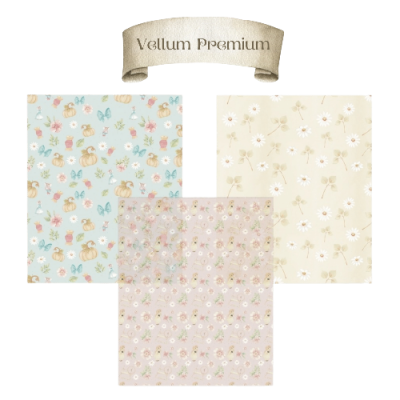 Três folhas de papel decorativo com padrões florais e animais em cores pastel e faixa com texto Vellum Premium