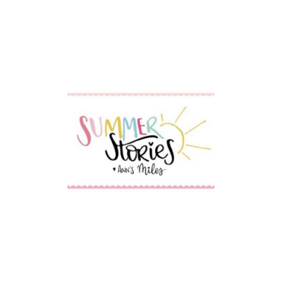 Texto colorido 'SUMMER Stories by Ann's Miles' com decoração de sol e borda rosa