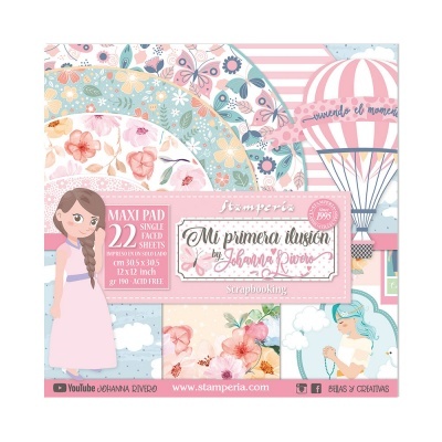 Bloco de papel maxi para scrapbooking com folhas decoradas a cores pastéis e ilustrações femininas