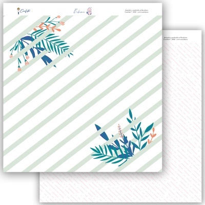 Folhas de papel decorativo com padrão listrado e detalhes de folhagem colorida.