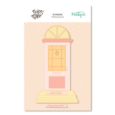 Embalagem de troquel para papel com desenho de porta cor-de-rosa com vidro amarelo e degraus com textos em espanhol.