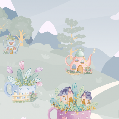 Canecas decorativas com flores e casinhas em cenário campestre colorido