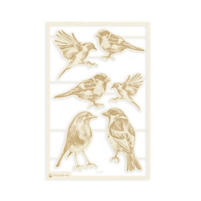 Cartela de adesivos com seis pássaros desenhados em tons bege e branco