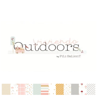 Padrões decorativos em papel com coelhos e linhas, texto 'viviendo outdoors by PILI SaLlenT'