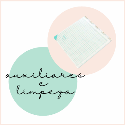 bloco de papel quadriculado com fita adesiva sobre fundo circular rosa e texto auxiliares e limpeza