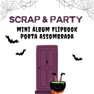 Cartaz com texto promocional e ilustrações de Halloween de porta e caldeirão