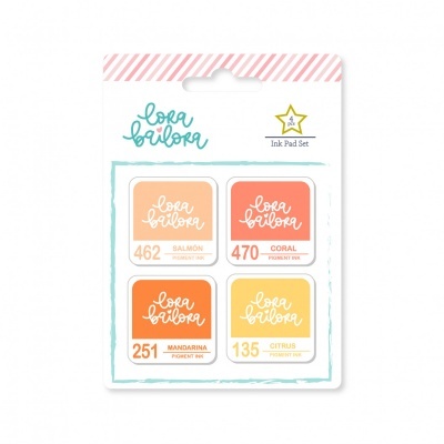 Conjunto de 4 almofadas de tinta Lora Bailora em embalagem cartão branca com cores salmon, coral, mandarino e citrino.