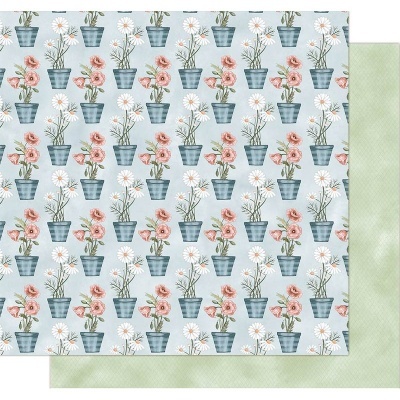 Papel decorativo de scrapbooking com vasos florais e verso verde claro