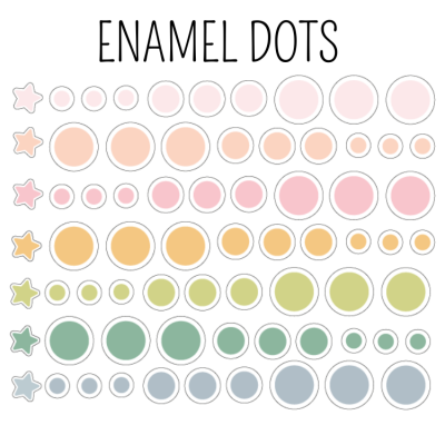 Pontos esmaltados coloridos em formato de estrelas e círculos em várias cores pastel