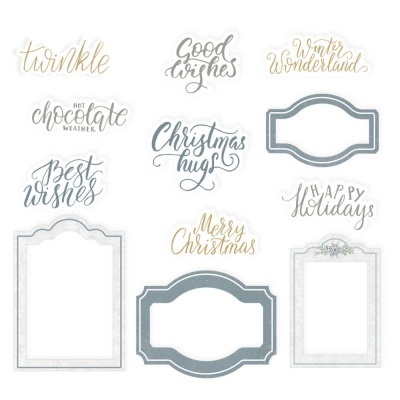 Etiquetas e textos decorativos em inglês para Natal com frases e molduras em dourado, cinzento e branco.