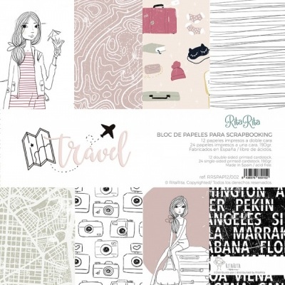 Bloco de papéis para scrapbooking com desenhos de viagem e texto explicativo.