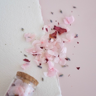 Pétalas cor-de-rosa e secas espalhadas sobre superfícies branca e rosa, com frasco de vidro aberto