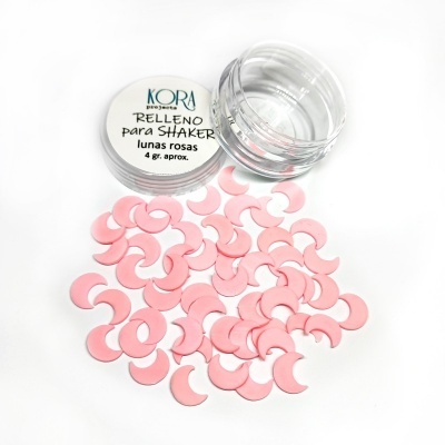 Frasco plástico com tampa branca e enfeites em forma de meia-lua rosa