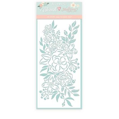 Stencil floral azul claro com design de flores e folhas em embalagem de papel com texto em inglês e português.