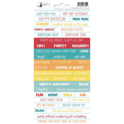 Etiqueta autocolante colorida com frases de festa de aniversário em inglês