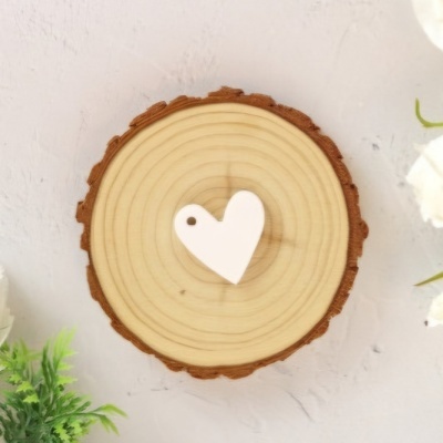 Disco de madeira com coração branco e plantas ao redor