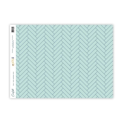 Folha decorativa azul claro com padrão de espinha de peixe e borda branca com texto e código de barras