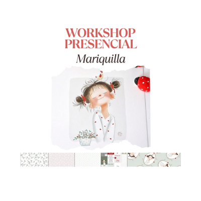 Ilustração de menina com duas tranças e joaninhas, texto Workshop Presencial Mariquilla