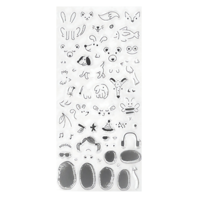 Folha transparente com carimbos em preto e branco de partes e expressões de animais