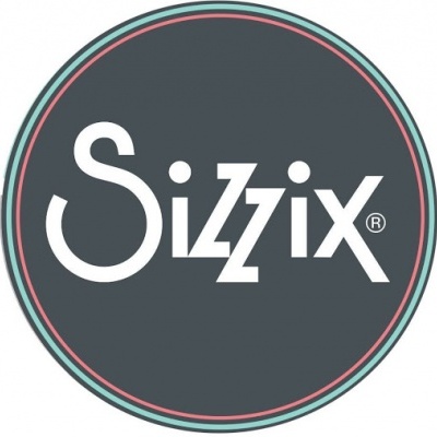 Logotipo circular da marca Sizzix em fundo cinzento escuro com borda colorida
