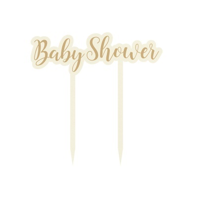 Decoração com texto 'Baby Shower' em bege e letras cursivas com palitos para fixar