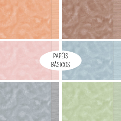 Folhas de papel marmoreado em várias cores pastéis com bordas lisas e etiqueta com texto PAPÉIS BÁSICOS