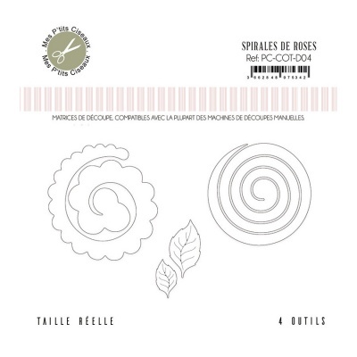 Embalagem branca com ferramentas de corte espiral e folhas, texto em francês