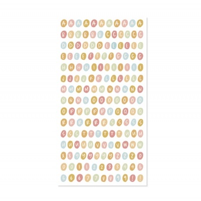 Folha de autocolantes com letras e números coloridos em círculos e ovais