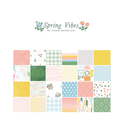 Conjunto de papéis decorativos coloridos com padrões variados e texto Spring Vibes