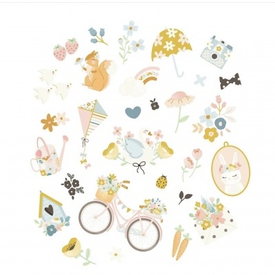 Vários desenhos ilustrativos coloridos de flores, frutas, animais e objetos delicados