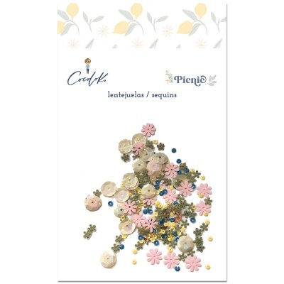 Pacote de lantejoulas coloridas em fundo branco com texto e decoração floral