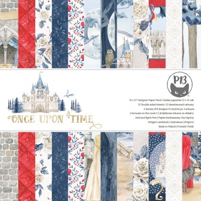 Pacote de papel decorativo ONCE UPON TIME com estampas variadas em azul, vermelho e bege para scrapbooking