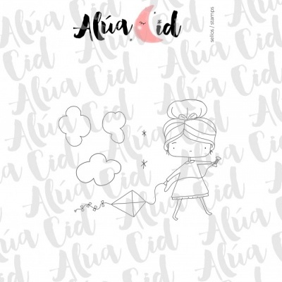 Desenho a preto e branco de menina a soltar papagaio com nuvens e estrelas