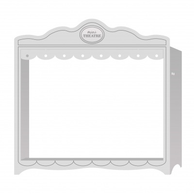 Teatro de marionetas cinza com moldura decorativa e texto PEQUIN THEATRE