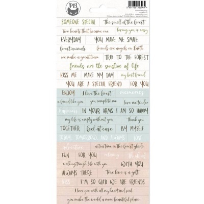 Folha de autocolantes com frases em inglês em várias cores e estilos, fundo listrado nas cores bege, branca, azul e cinza claro.