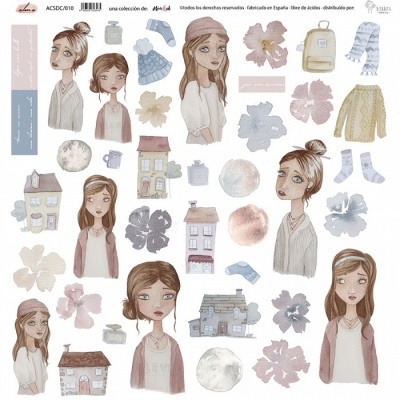 Ilustrações digitais de figuras, casas, flores e roupas com texto em espanhol.