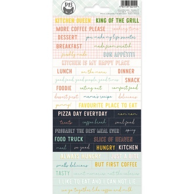 Conjunto de autocolantes com frases em inglês sobre comida, variadas cores e estilo manuscrito e impresso