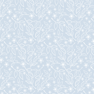 Papel de parede azul com padrão branco de folhas e flores