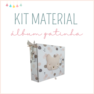 Kit material álbum gatinha com capa de gatinho em tecido e bolinhas bege e cinza