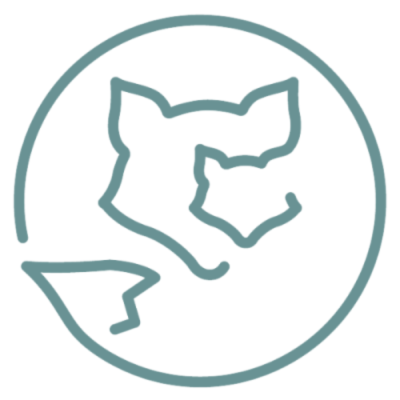 Logótipo circular azul esverdeado com cão estilizado desenhado