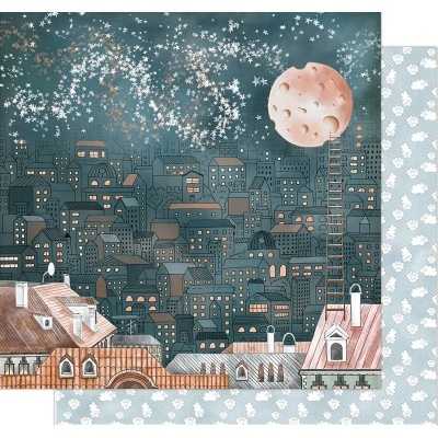 Papel decorativo com padrão cidade noturna e flores