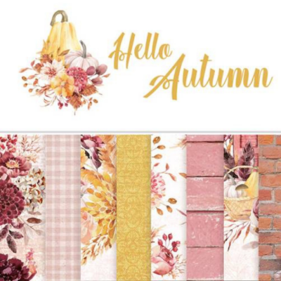 Textos e padrões outonais com flores, folhas, abóboras e texturas diversas
