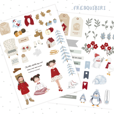 Folhas adesivas com ilustrações de inverno e elementos decorativos coloridos
