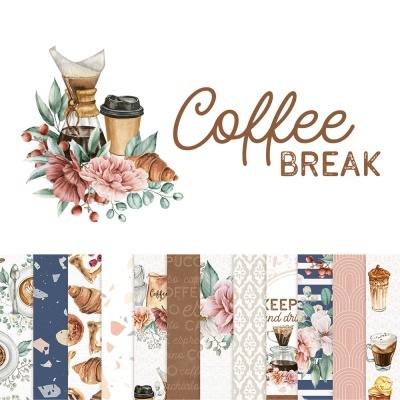 Ilustração de utensílios de café e texto 'Coffee BREAK' com padrão decorativo em tons castanhos e azuis