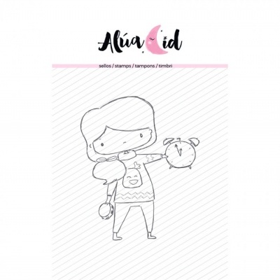 Carimbo com desenho de personagem infantil segurando despertador em preto e branco