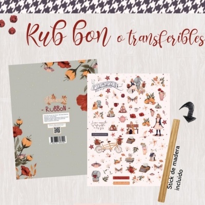 Conjunto de transferíveis com ilustrações e stick de madeira incluído